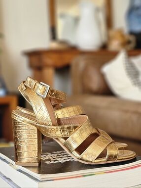 Paris Texas Gold Croc-Embossed Block Heel Sandals